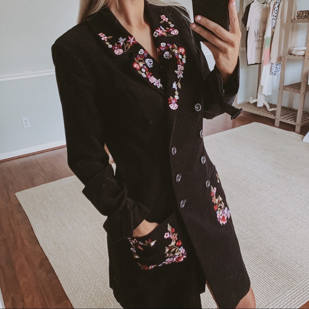 Betsey Johnson Black Corduroy Embroidered Coat